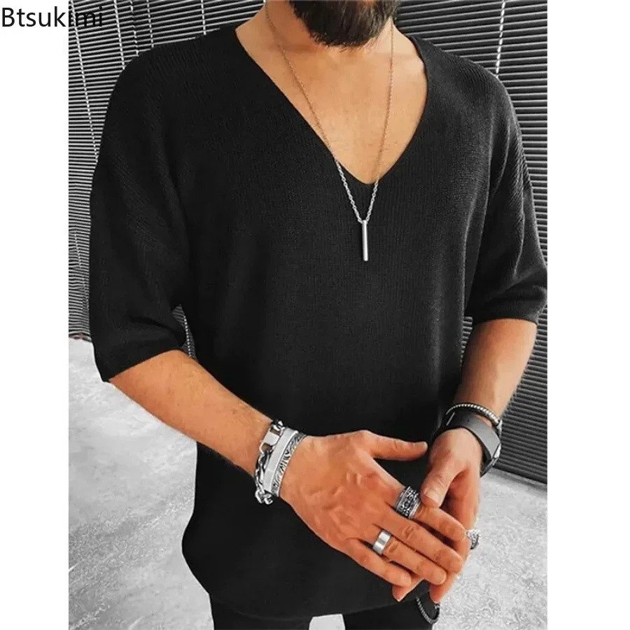 New 2024 Men\'s Summer Short Sleeve Knit Tops Shirts Casual V-neck British Loose Shirts Male Solid Shirts for Men Fashion Tops