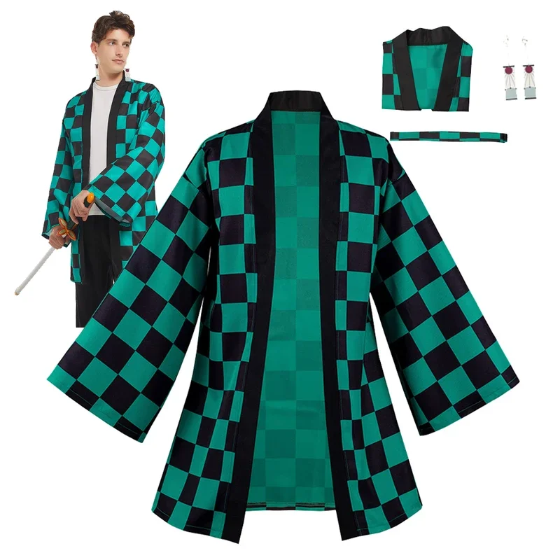 אנימה שד קוספליי slayer kamado tanjiru פנטזיה מעיל תלבושות עגילים גברים מבוגרים גברים מבוגרים halloween תפקיד המפלגה חליפת משחק