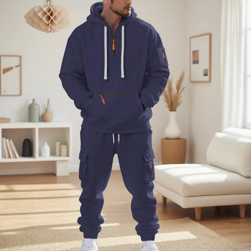 

2025 Men's Casual Fashion Autumn Winter Hoodie Set Outdoor Hooded Sweatshirt with Pockets Pullover Hoodie And Pants