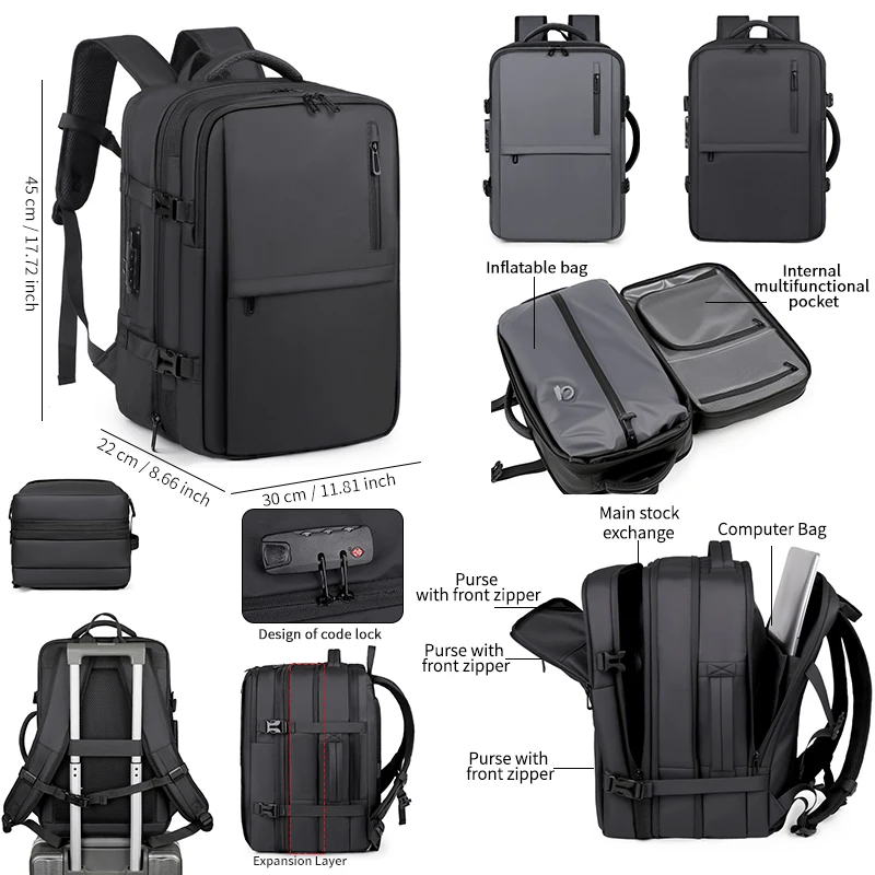 New Men's Backpack, Vacuum Compression Backpack, Multi-Functional Computer Bag, Large Capacity Expandable Travel Bag