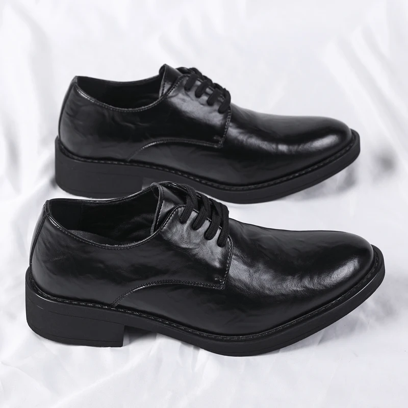 

Men's Business Casual Shoes Distressed Wood Grain Square Toe Leather Derby Comfortable Office Wear Formal Dress Shoes Footwear