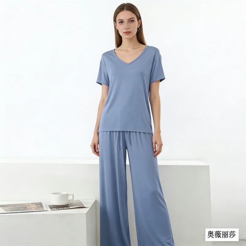 Modal Homewear 2pcs Pajamas set Short sleeve Tops and Trousers Solid color Casual Loose Sleepwear suit Plus size Nightwear