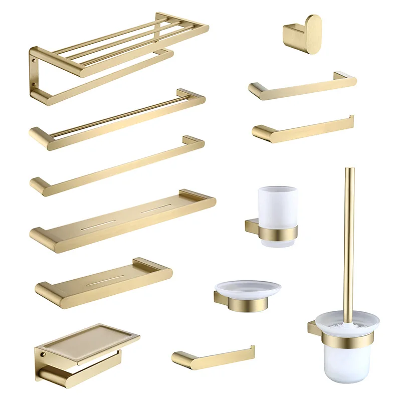 

Brushed Gold 304 Stainless Steel Bath Towel Rack Towel Bar Paper Towel Rack Coat Hook Rack Bathroom Pendant Set Knurling Process