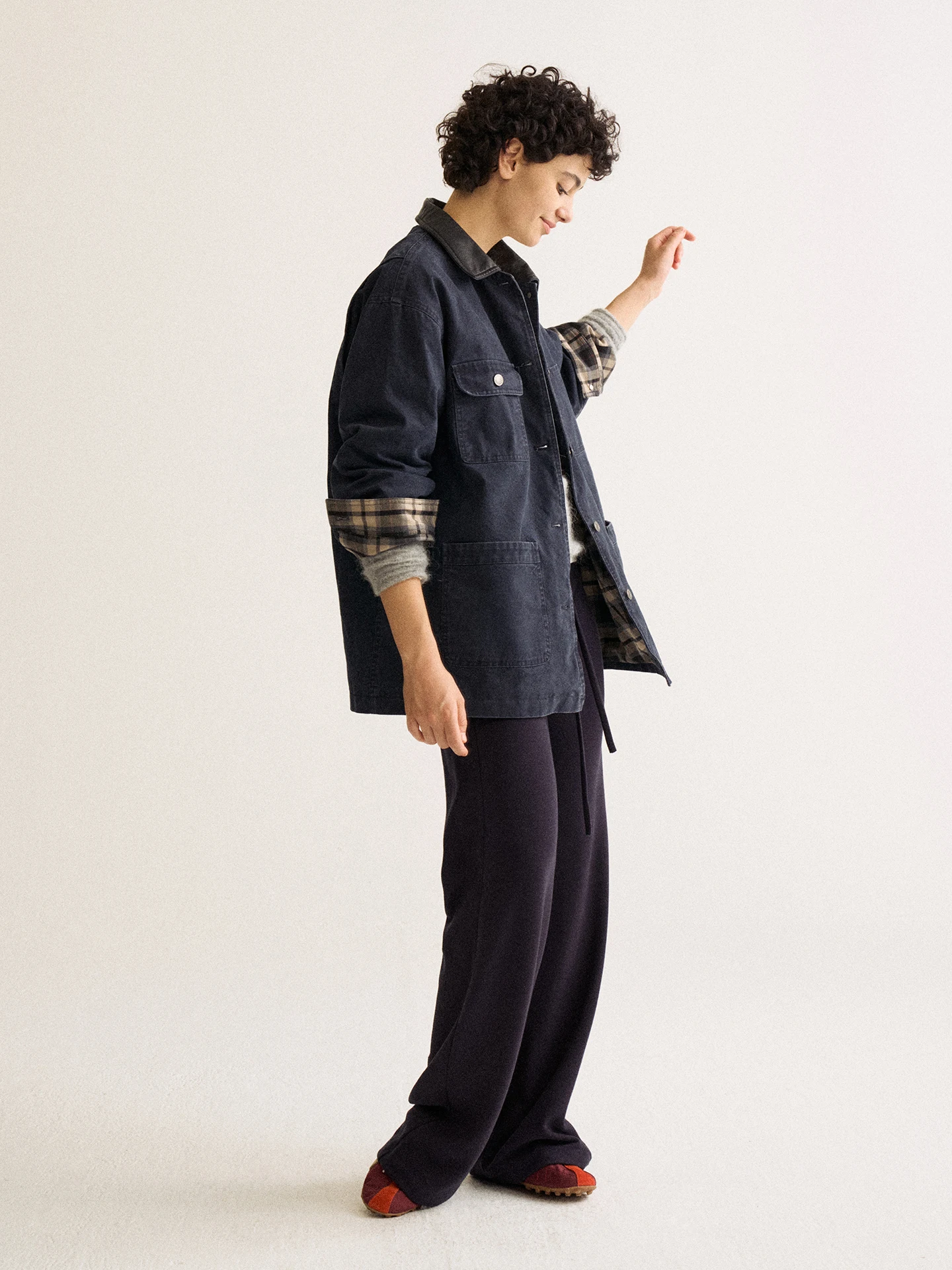 Firstfloor Casaco Feminino Retrô de Couro Xadrez de Comprimento Médio, Corte Solto, Estilo Caça, com Gola Alta e Manga Longa