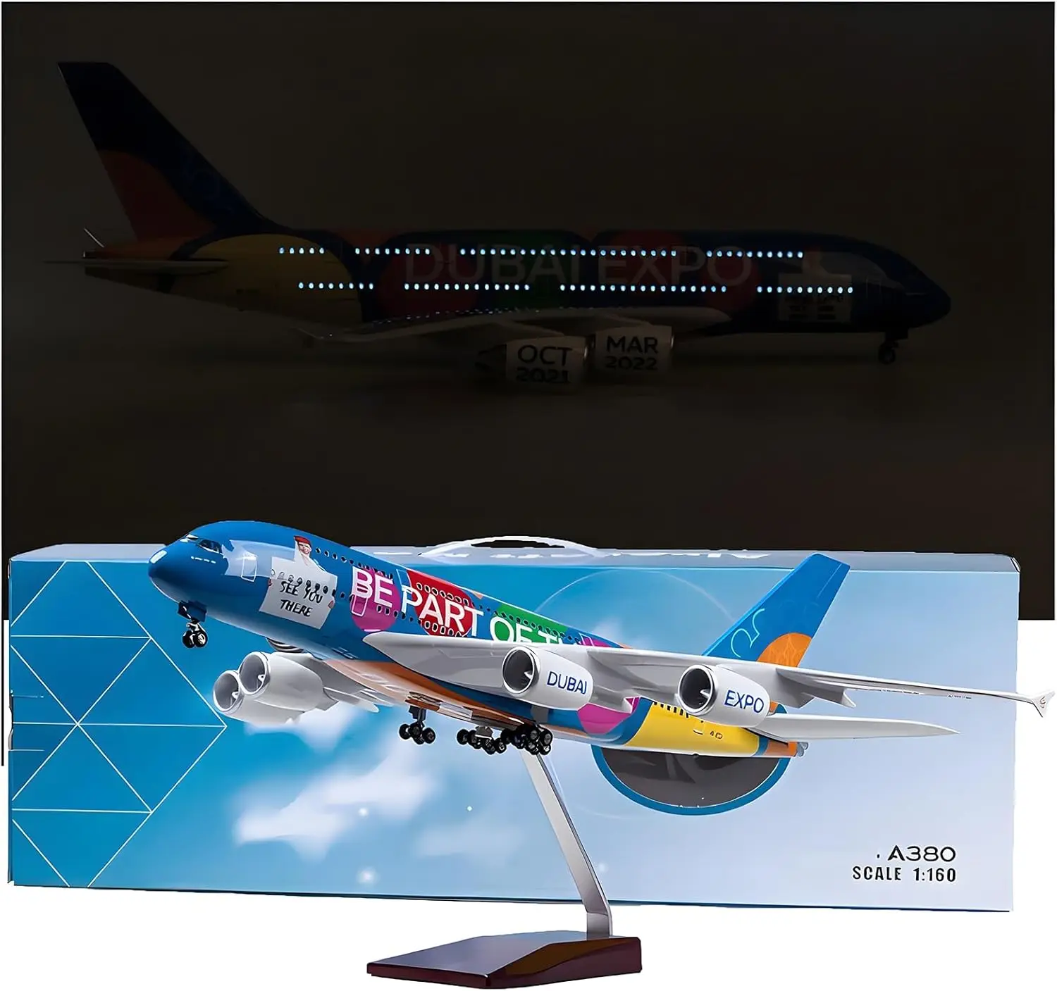

A380 Plane Model Emirates 1:160 Scale Aircraft Large Souvenir Plane Toy with LED Light for Collection Gift Desktop Decoration
