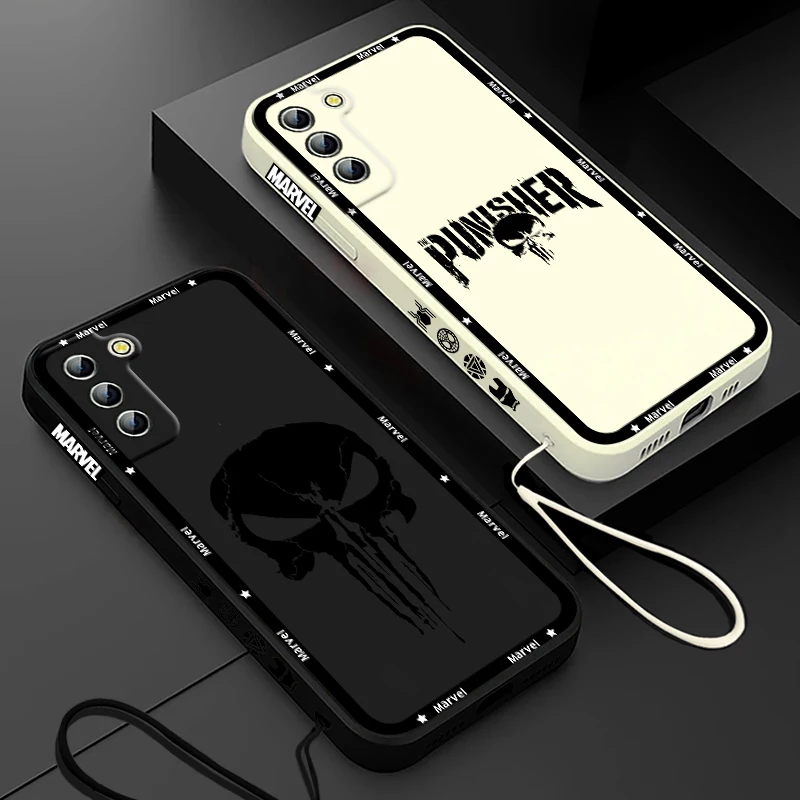 Luxury Marvel Punisher Logo Phone Case For Samsung Galaxy S24 S23 S22 S21 S20 Pro FE Plus Ultra Liquid Left Rope Cover