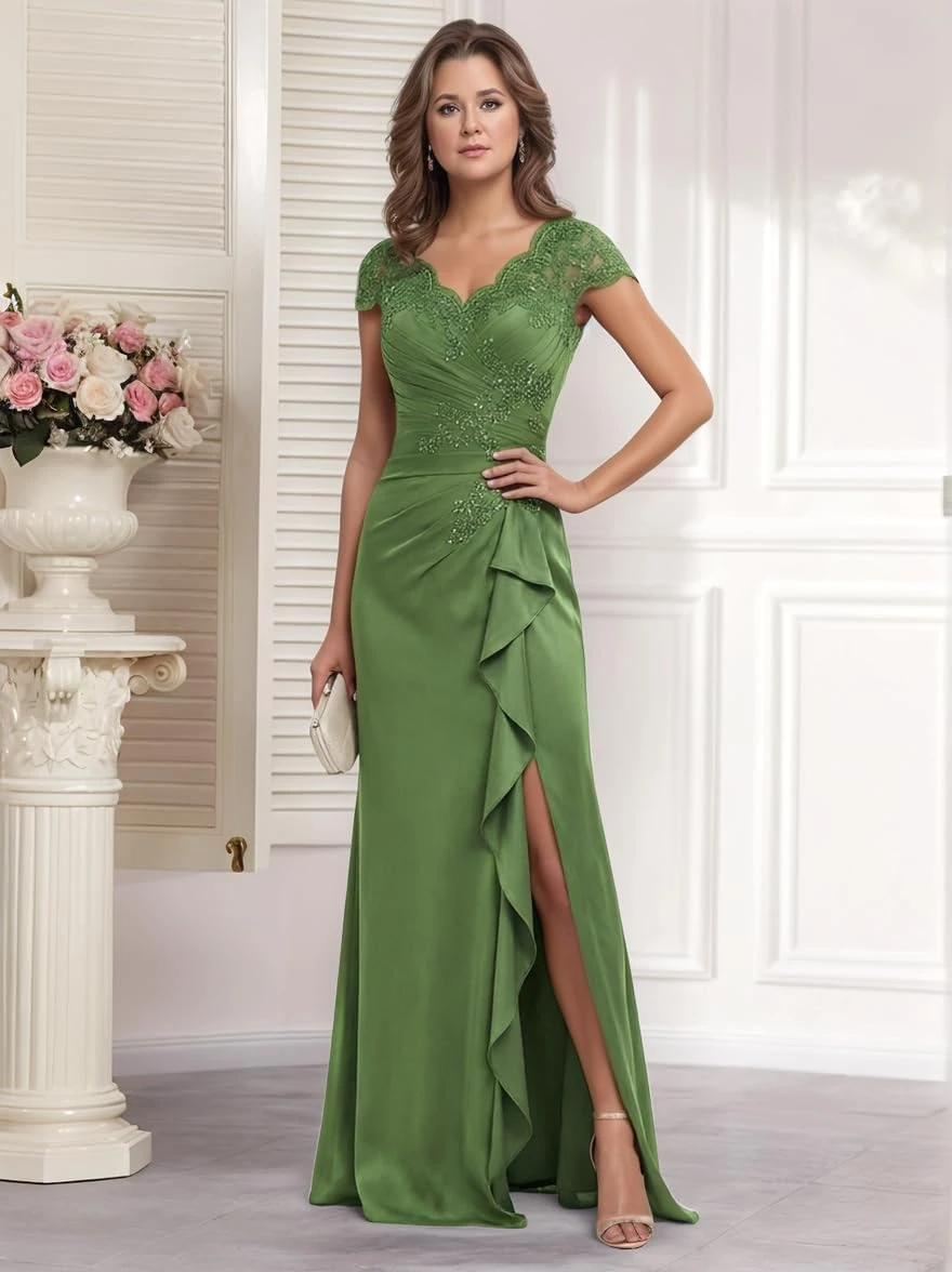 Lace Applique Mother of the Bride Dresses Cap Sleeves Long Wedding Party Gowns With Slit Elegant Prom Dress Vestido De Custom