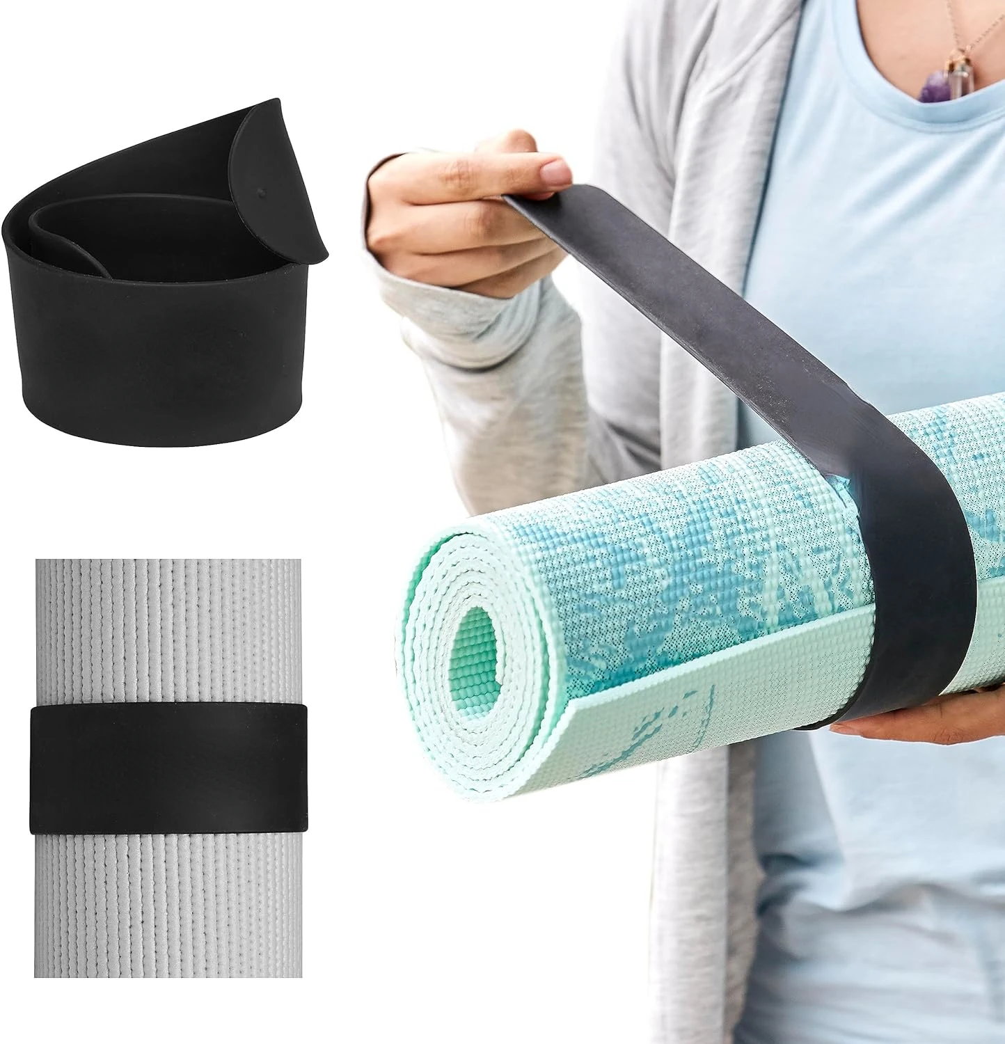 Convenient and reliable black portable yoga mat strap - Sturdy, heavy-duty fastening clasp for secure practice - Ideal travel ac