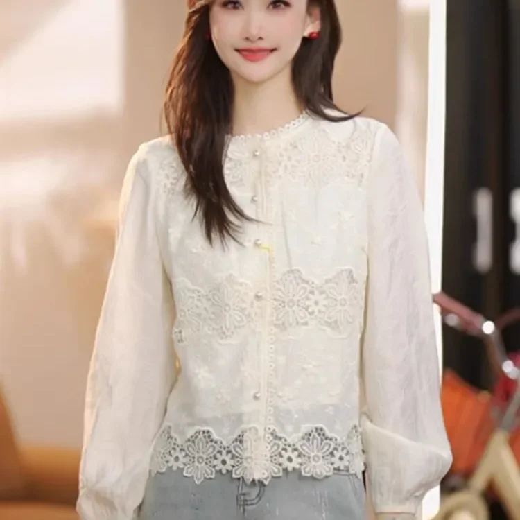 Women Elegant Floral Hollow Lace Spliced Blouse Lantern Long Sleeve Pearl Button Shirt