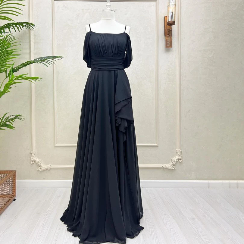 

Elegant Solid Formal Evening Dresses Side Slit Ruffles Off Shoulder Spaghetti Straps Prom Dress A-Line Backless Party Gowns 2023