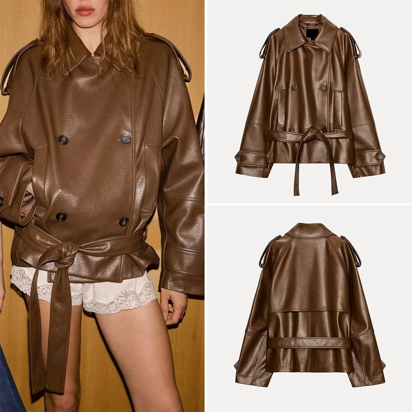 

Модная женская кожаная куртка-ветровка весна 2026: индивидуальный пошив, повседневная, приталенная, с длинными рукавами