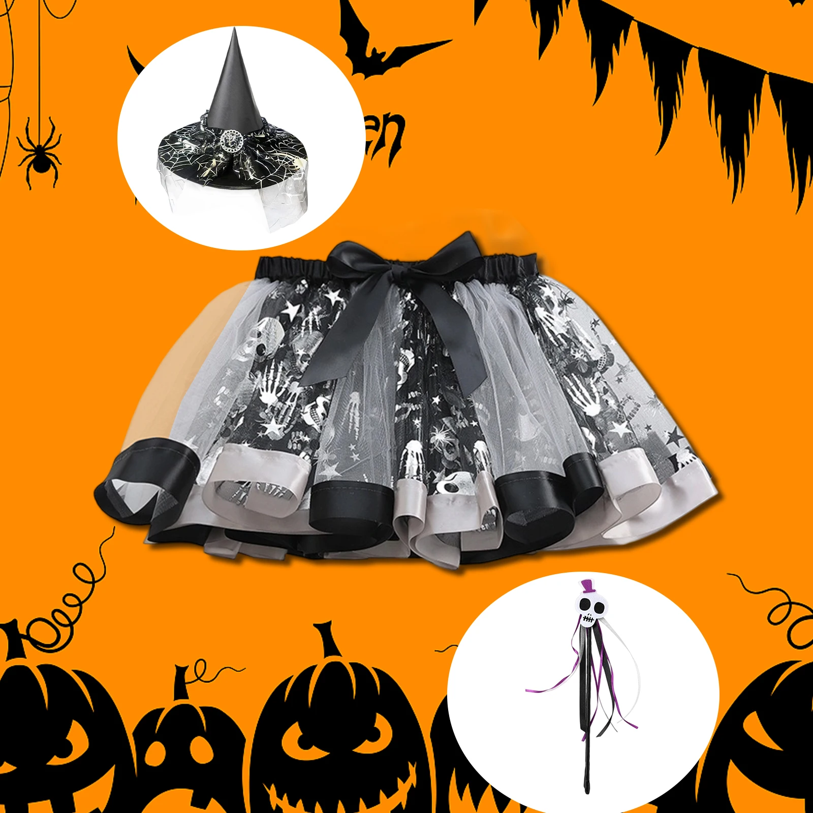 Witch Costume Accessories Set for Girls Spider Mesh Witch Hat + Skull Wand + Mini Skirt Halloween Cosplay Outfit