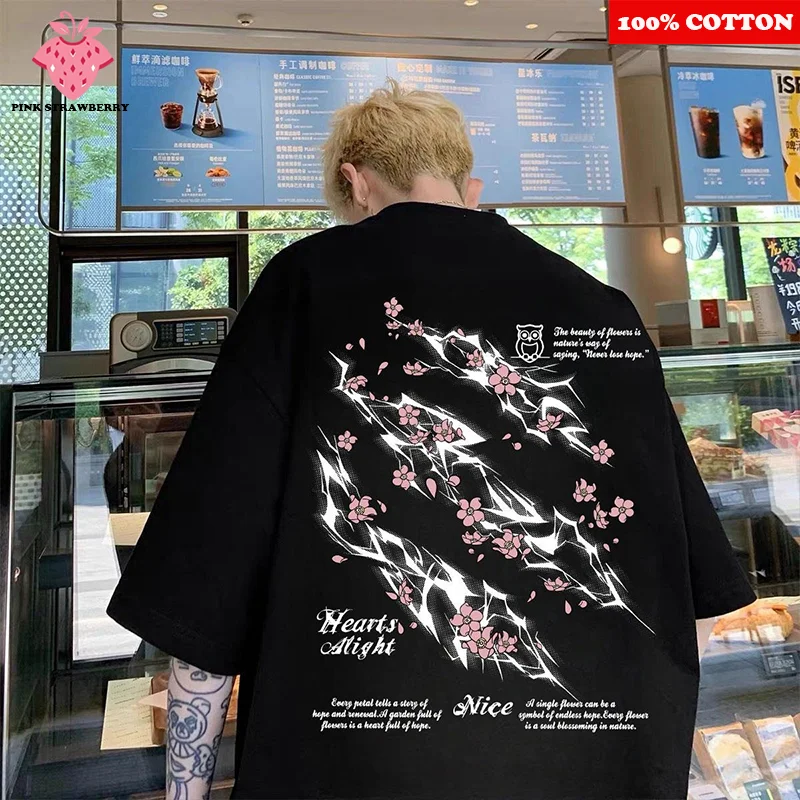 

Flash Cherry Blossom Print T-shirt Men's Summer 2025 New 100% Cotton American street Short sleeve T-shirt Y2k Top mens clothing