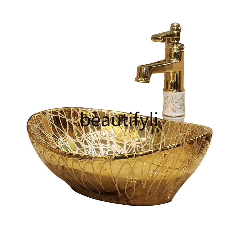 

European gold countertop basin, gold-plated art countertop basin, small size ceramic wash bathroom oval