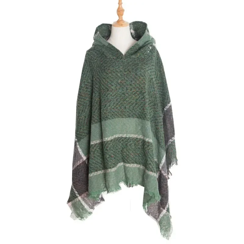 

New In 2024 Autumn Winter Hooded Ponchos Over Coat For Women Loose Striped Capes Knit Pullover Shawl Female Casual Sweater Cloak