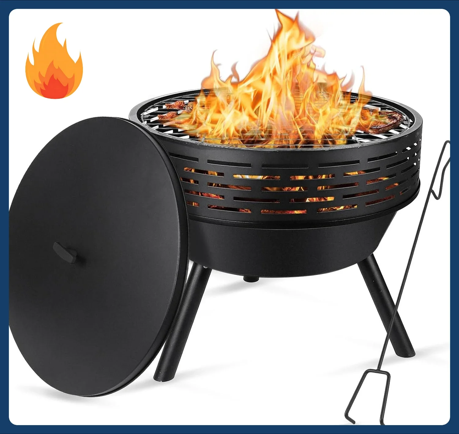 

[Discounted Price!]3-in-1 Fire Pit with Grill & Lid, 23" Outdoor Fire Pit Table, Cast Iron Wood Burning Firepit, Heavy Duty Fire