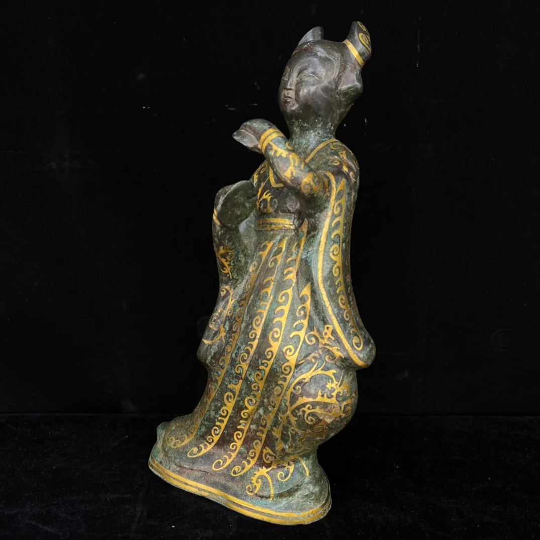 Old hand-caved bronze inlaid with gold female musicians,#07