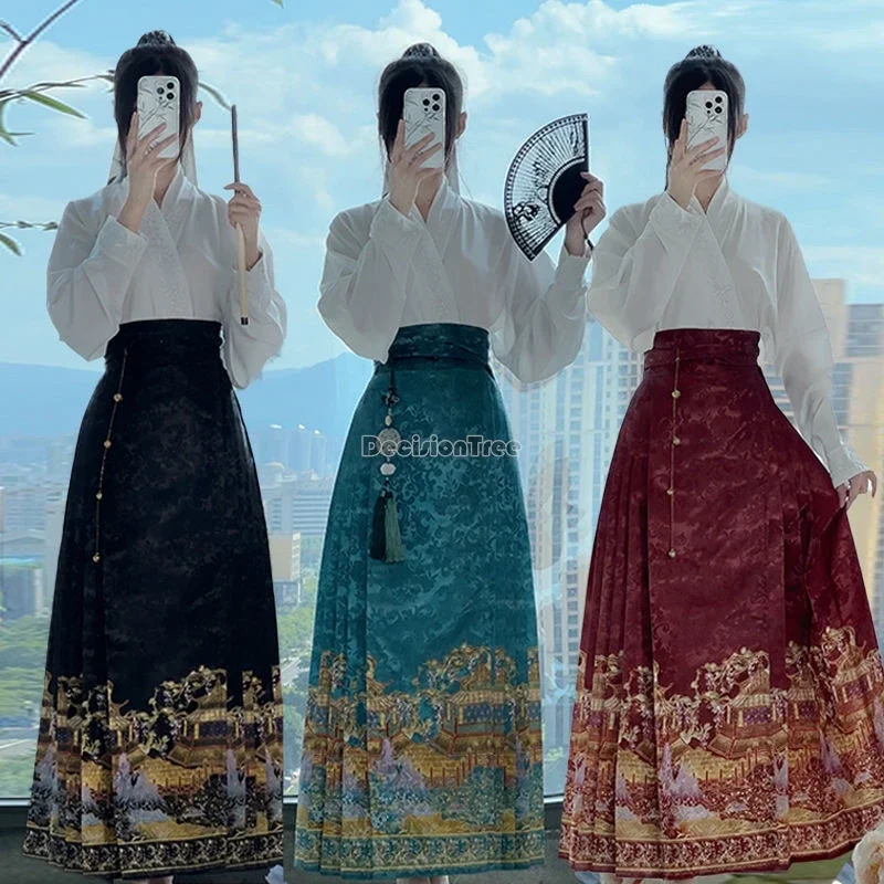 2024 chinese ming style daily jacquard hanfu clothes versatile crossed collar hanfu top short and long dazzling horse face skirt