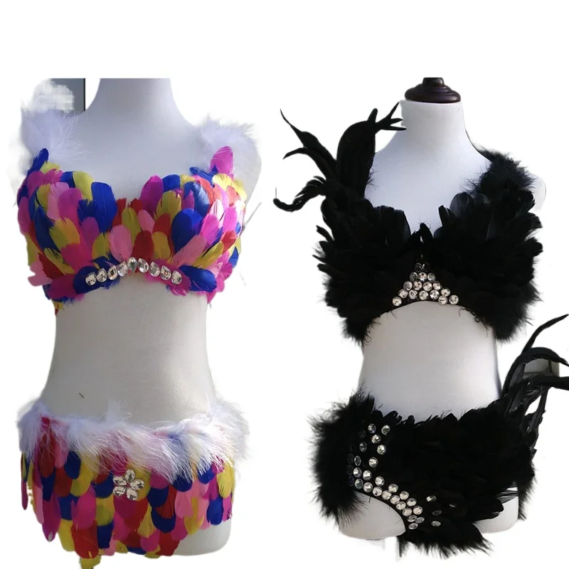 Zestaw Ashion: Czarna spódnica z piórami i szalem, seksowny strój sceniczny damski, body z piórami, strój do tańca, kostium na imprezę i występ.