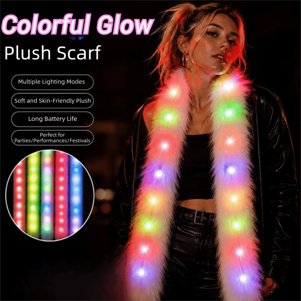 Shining White Plush LED Flash Scarf Light Up Warm Luminous Glowing Scarf Novelty Creative Winter Plush Scarf Nightclub