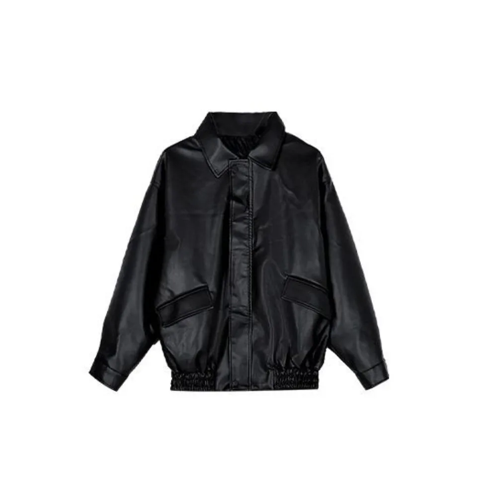 Classic Pleated Leather Jacket Women Korean Chic Lapel Collar Vintage PU Coats Outerwear Retro Zipper Overcoat Women