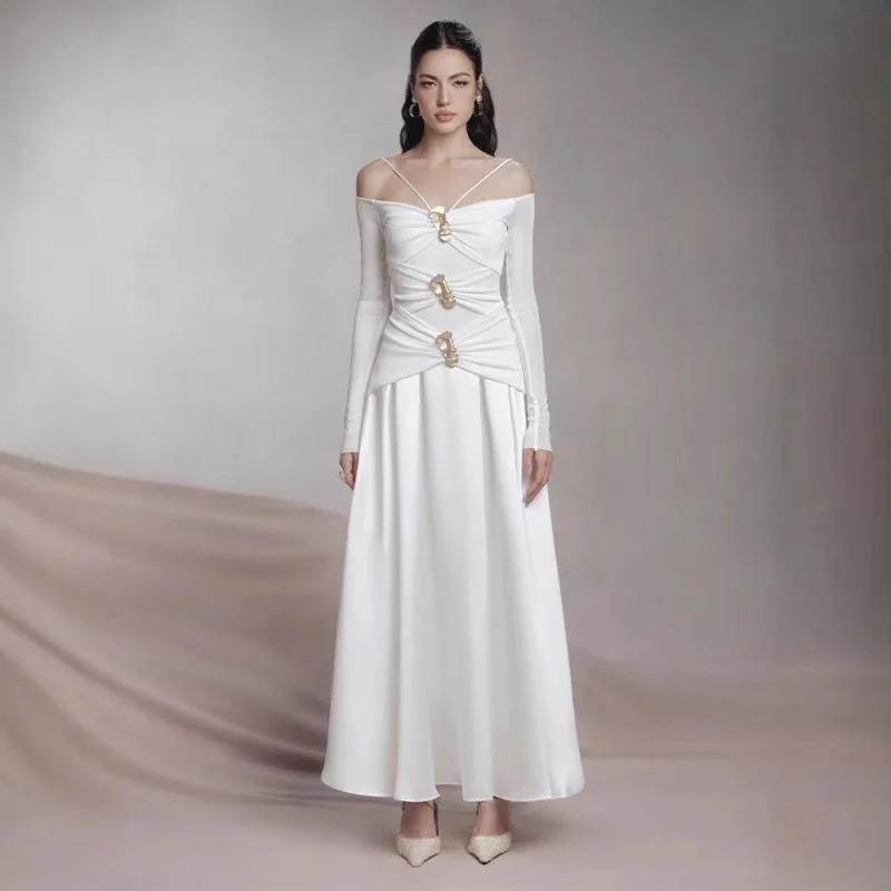 

off-Shoulder Collar Dress 2025 Spring High-End Temperament Collar Metal Accessories Pleated Waist Tight Dress Long Dress