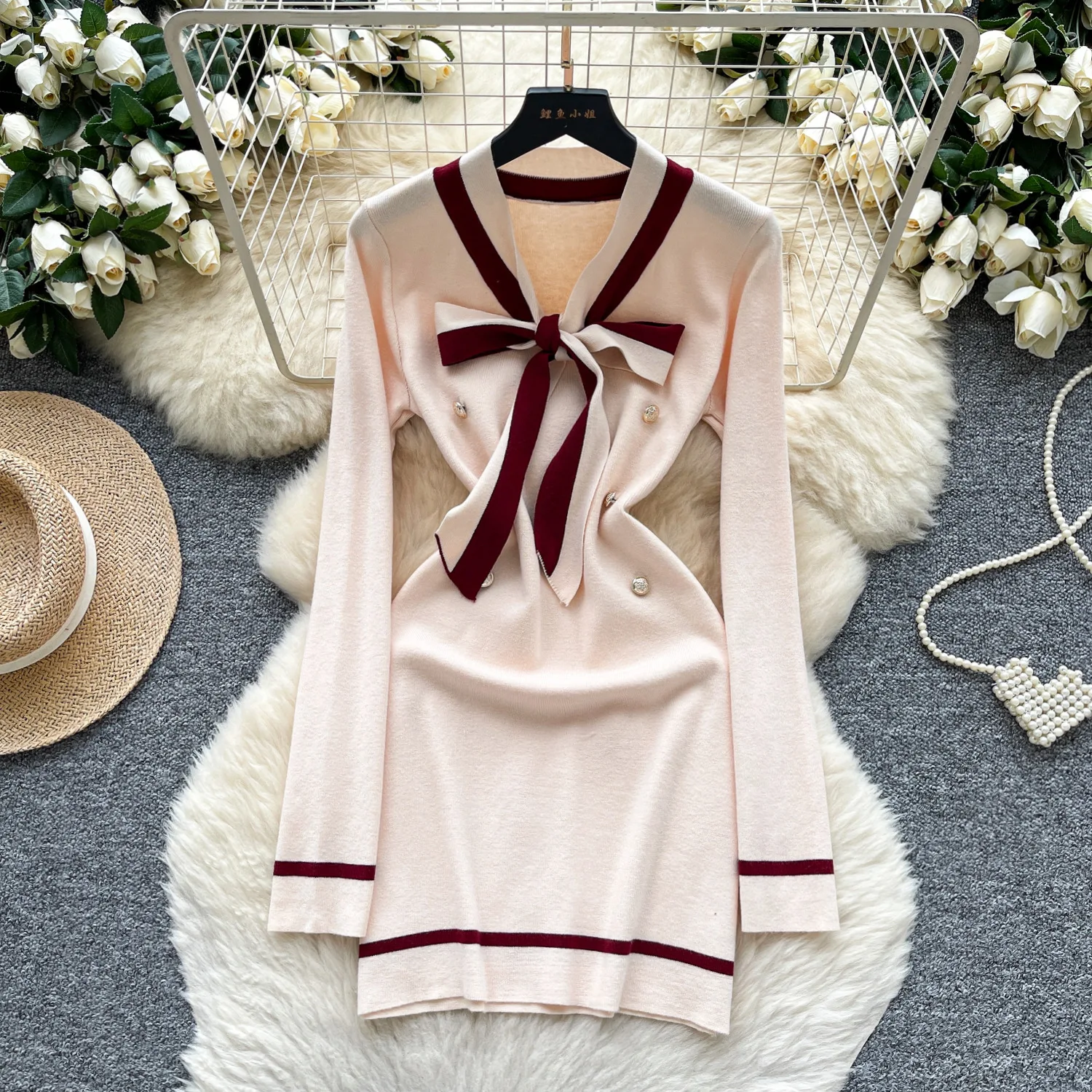 

Short Dress Women Knit Dresses Slim Fit Vestidos Streetwear V Neck Full Sleeve Elegant Splice Y2k Tight Waist Work Party Night