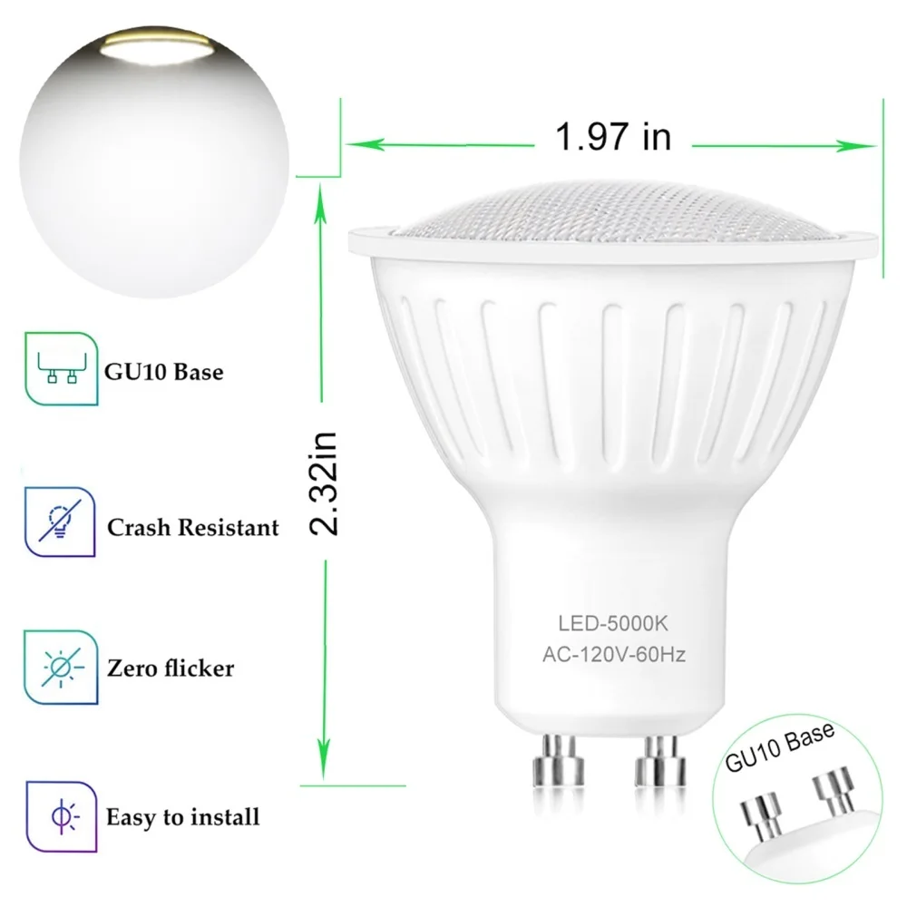 6pcs GU10 LED Dimmable Bulb, 120V 7W 60W Halogen Equivalent 5000K Daylight White, 120°Beam Angle 650LM