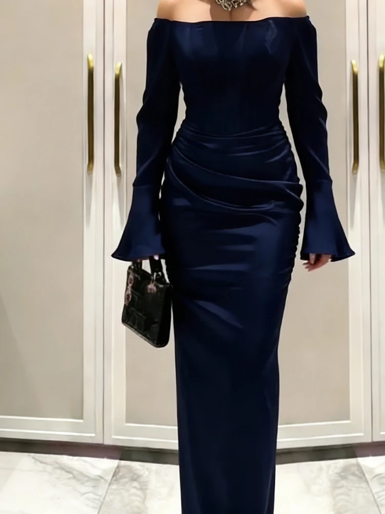 Elegante effen satijnen banketjurk lente zomer nieuwe hoge taille wikkeljurk heupen gala jurk sexy one-shoulder geplooide avondjurk