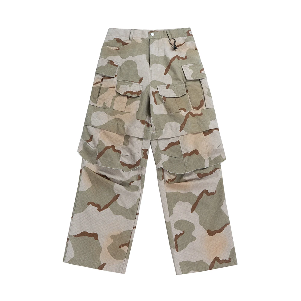 ハイストリートマルチポケット迷彩カーゴパンツ男性用ストレートパッチワークルーズオーバーオール特大ロパオンブレズボン