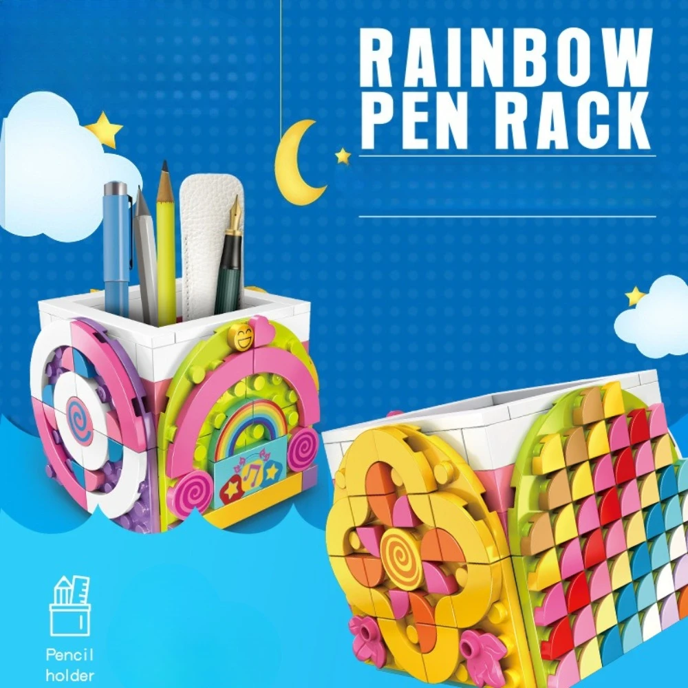 

MOC Fun Convenient Rainbow Pen Holder Building Blocks Set Cartoon School Shape Pen Rack Toys For Children Birthday Holiday Gifts