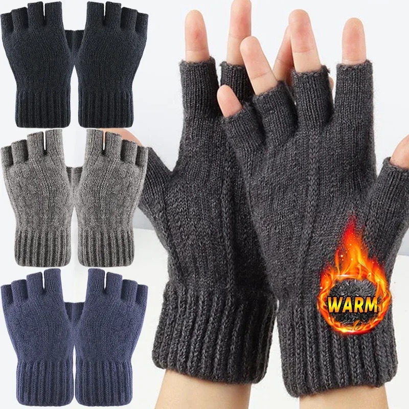 Winter Gloves Men Half Finger Writting Office Cycling Knitted Gloves Students Alpaca Wool Warm Thickened Elastic Driving Gloves