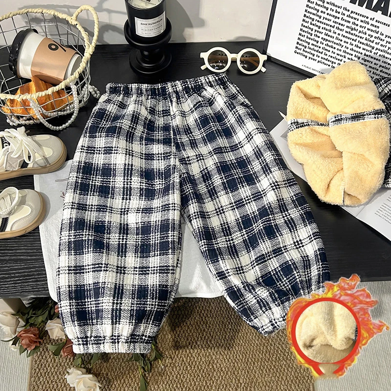 

UNITIM Kids Baby Boys Pant New Winter Plaid Thicken Warm Toddler Boys Trouser Plush Fleece Children Boy Casual jogger Pant