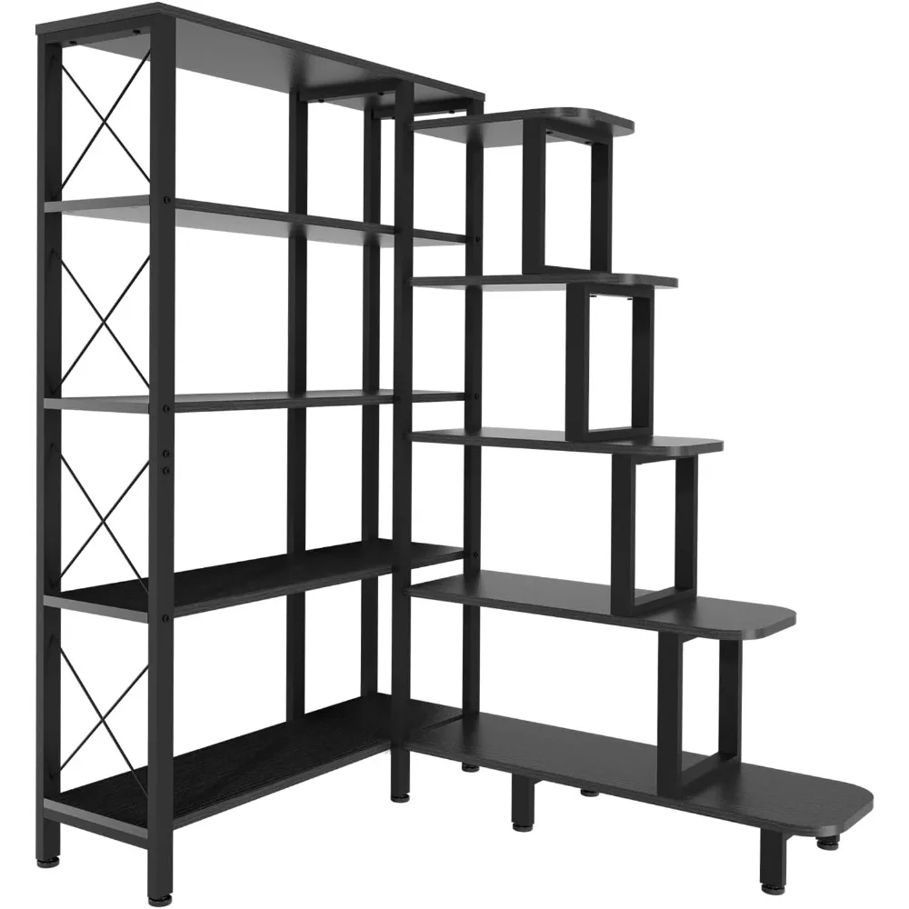 Corner large reversible 5-level stepped bookshelf, metal frame storage display shelf, living room bedroom office furniture,black