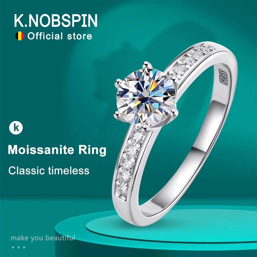 KNOBSPIN 1ct D Color Moissanite Ring S925 Sterling Sliver Plated 18k White Gold Eternity Band Wedding Engagement Rings For Women