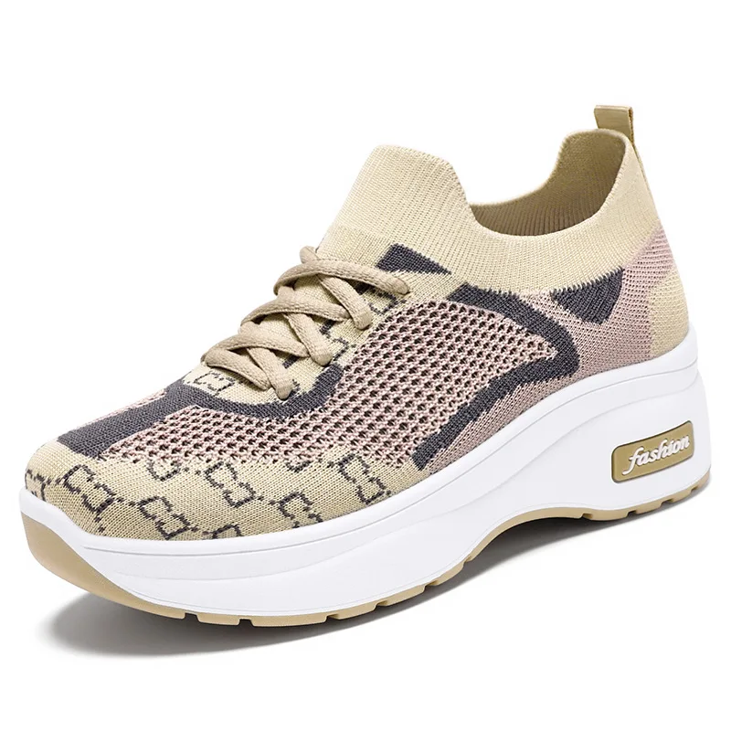 Women circular casual breathable anti slip clothing, elastic sports shoes, black woman lazy increase outdoor sports casual shoes