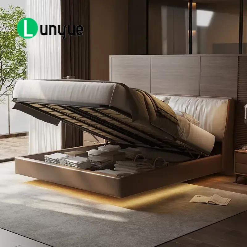 Luxury Leather Bed Two Tone Headboard Floating Base Modern Upholstered Platform Bed Frame for Stylish Bedroom Hotel Furniture