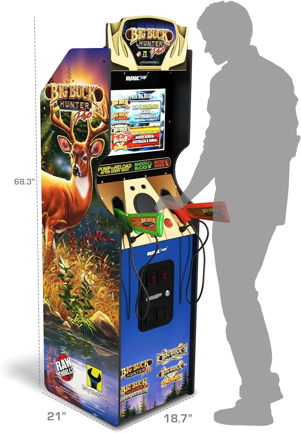 เครื่องอาร์เคด Big Buck Hunter Pro Deluxe สําหรับบ้าน ตู้ยืนสูง 5 ฟุต เกมคลาสสิก 4 เกม และหน้าจอ 17 นิ้ว