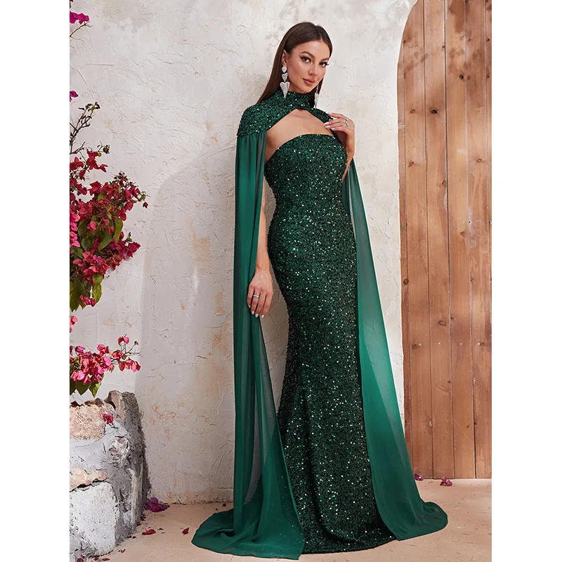 Women Fashion Vestido de festa Halter shawl Strapless Sequined Sexy Backless Cocktail Prom Evening Long Maxi Dress