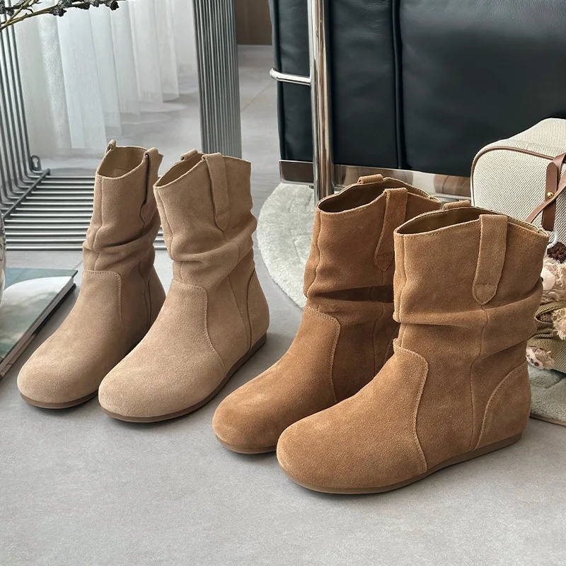 

Women's Fashionable Short Boots 2025 Model Suede Casual Boots One-piece Flat Bottom Nude Boots Retro Soft-soled Women's