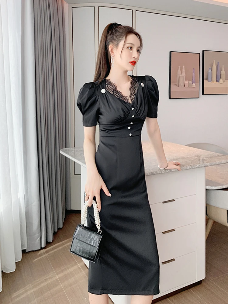 2023 Zomer Midi Vrouwen Jurk Zoete Elegante Zwarte Diamant Blauw Kant Gesplitst Bubble Korte Gewaad Femme Partij Straat Vestidos Mujer