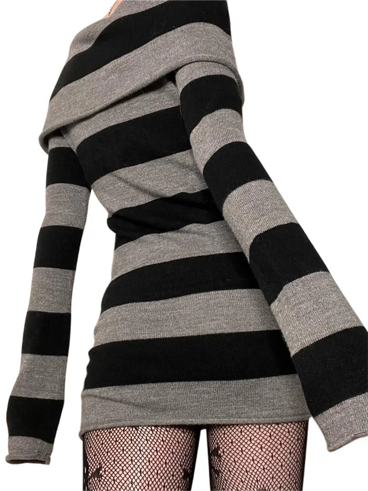 Женское осеннее платье в полоску с вырезом лодочкой и длинным рукавом, облегающее короткое платье Y2K, готические вечерние платья с запахом на бедрах