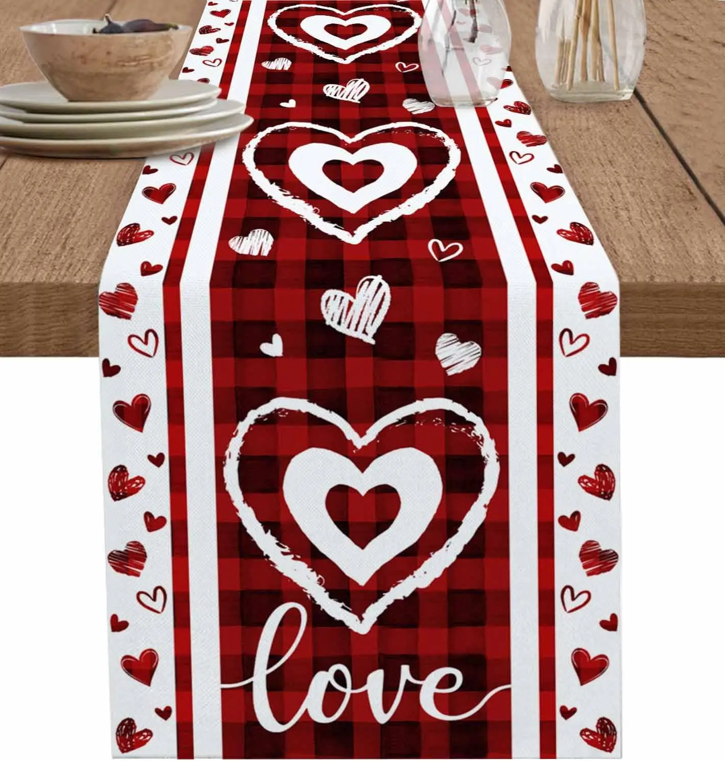 Valentine's Day Red White Plaid Hearts Linen Table Runner Holiday Party Decor Anniversary Dining Table Runner Wedding Decoration