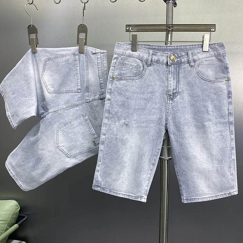 Summer Fashion Shorts Men's Korean-Style Versatile Casual Street Trend Simple High-End Light Gray Denim Shorts