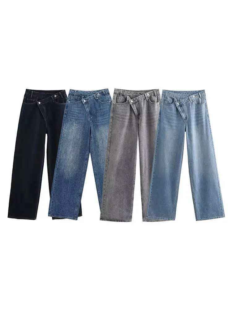 HH Female Vintage Asymmetric Straight Jeans High Waist Solid Double-clad Pants Pockets Street Fashion Trousers Chic Bottom