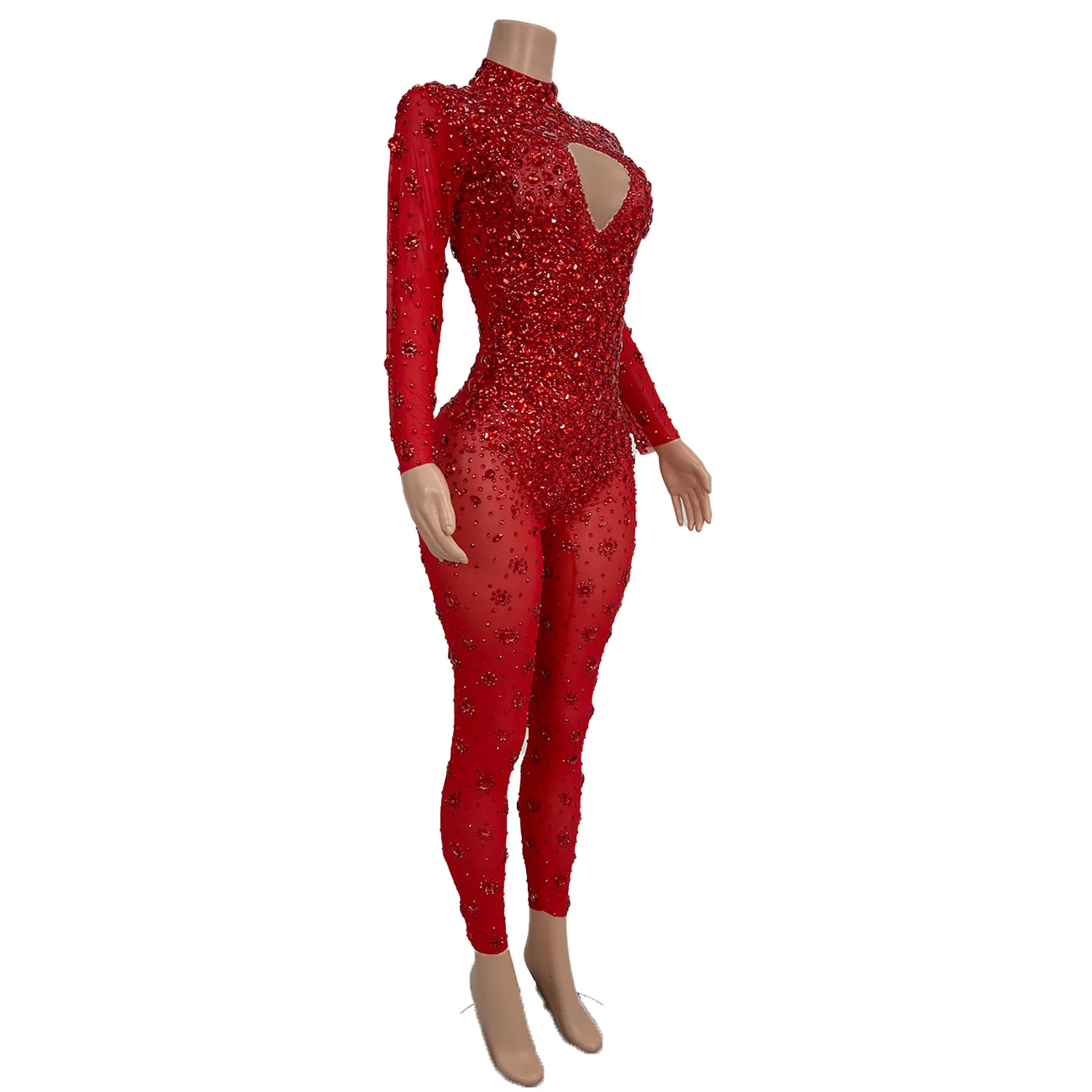 Sexy Red Rhinestone Stage Festival Outfit Pole Dance Leotard Night Club Party Bodycon Rompers Women One Piece Jumpsuit Cuican