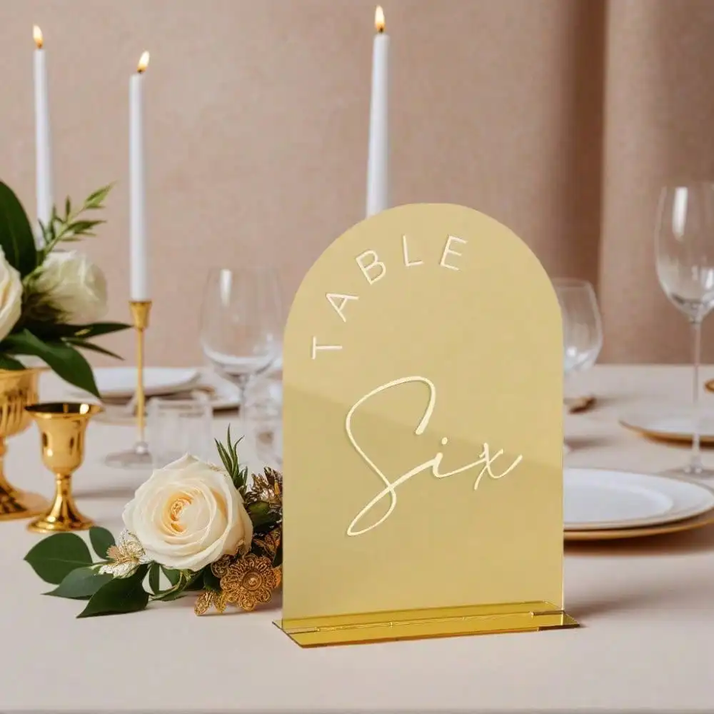 

Golden Acrylic Wedding Table Number with White Word Wedding Signage Seat Number Wedding Decoration Table Number with Stand
