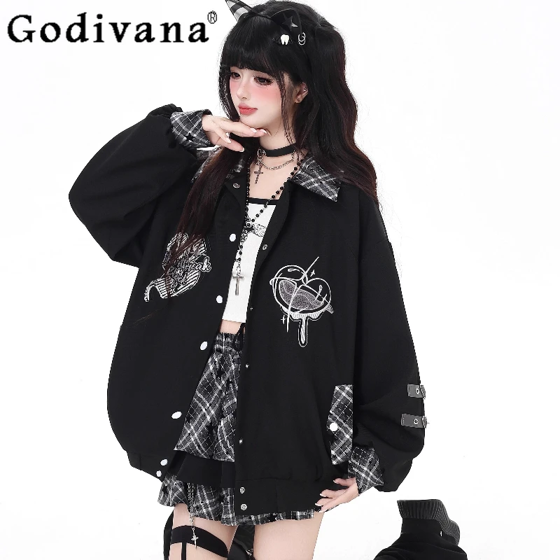 

Original Black Gray Embroidered Jacket for Women Patchwork Color Block Casual Coat Female Japanese Style Baseball Jacket