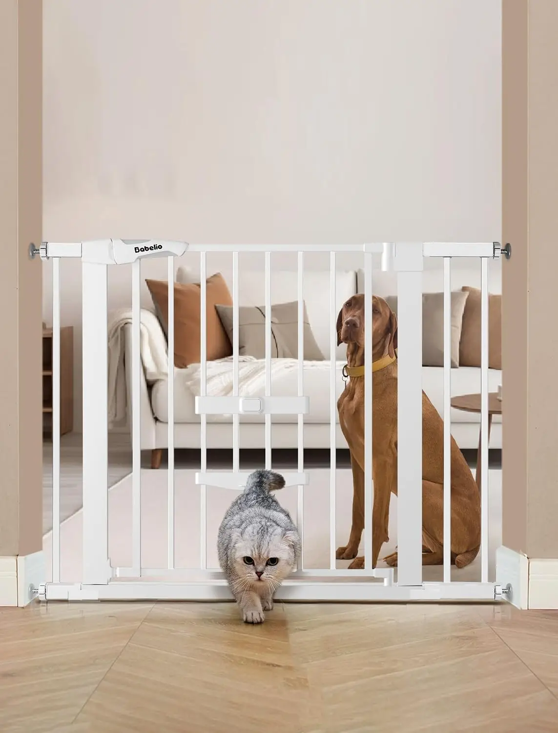 Auto Close Pressure Mounted Pet Gate 29 40 Inch Wide Stair Doorway Cat Door 6 Level Adjustable Metal No Drilling White