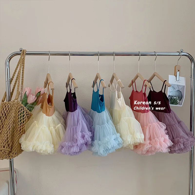 Girls Dresses Chlidren Clothes Summer New Pompadour Halter Dress Girls Mesh Princess Skirt Children Sweet Fashion Dress